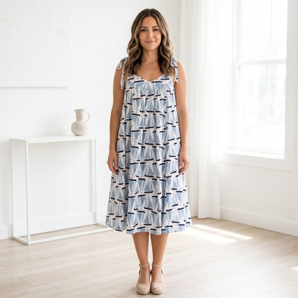 Pink Chicken Sundress Womens XS Blue‎ Sailboat Print Cotton Tie Shoulder Pockets
